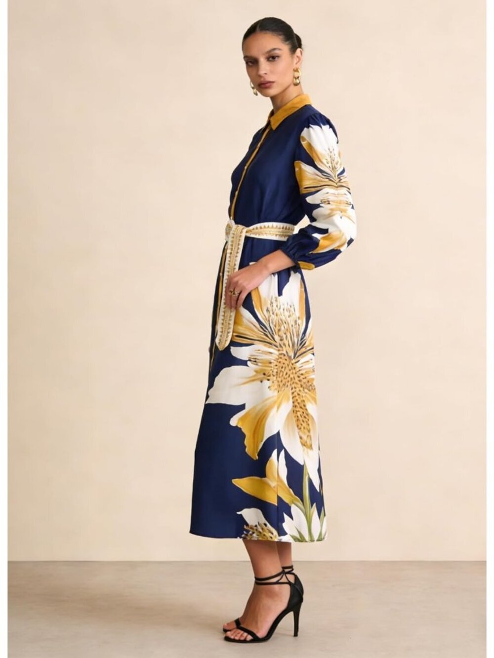 Women's Summer Maxi Dress Navy Long Sleeve Button Down Shirt Dress with Pocket - Picture 4 of 6